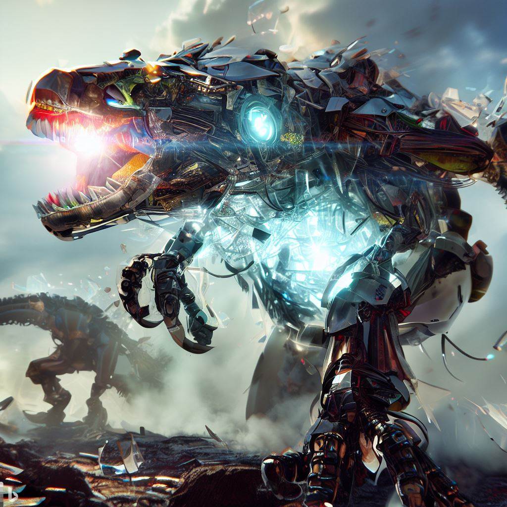 futuristic dinosaur mech with shattered glass body and glowing eyes being hunted while fighting in surreal environment, detailed smoke and clouds, lens flare, fish-eye lens, realistic h.r. giger style 4.jpg